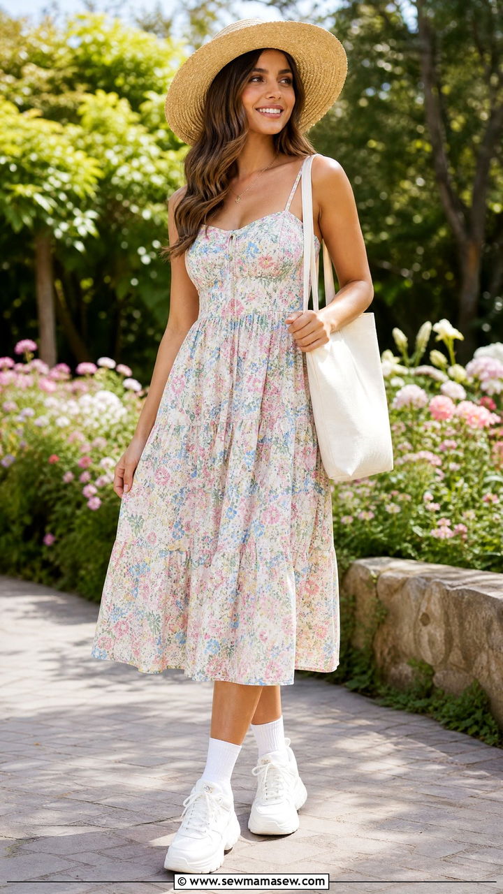 Floral Sundress With White Sneakers And Straw Hat - 40 Disney trip outfit ideas