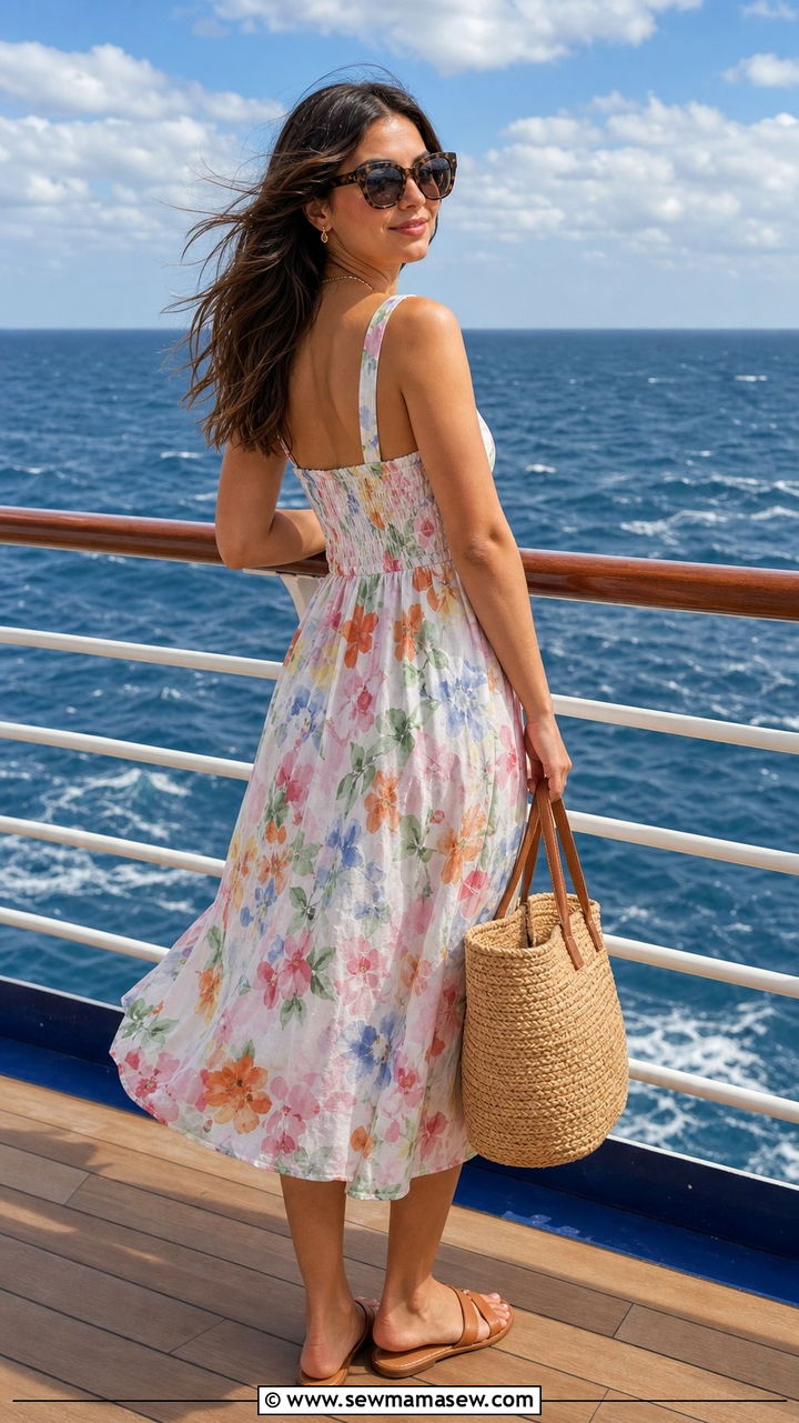 Floral Sundress with Flat Sandals for a Sea Day - 25 Cruise outfit ideas 2026