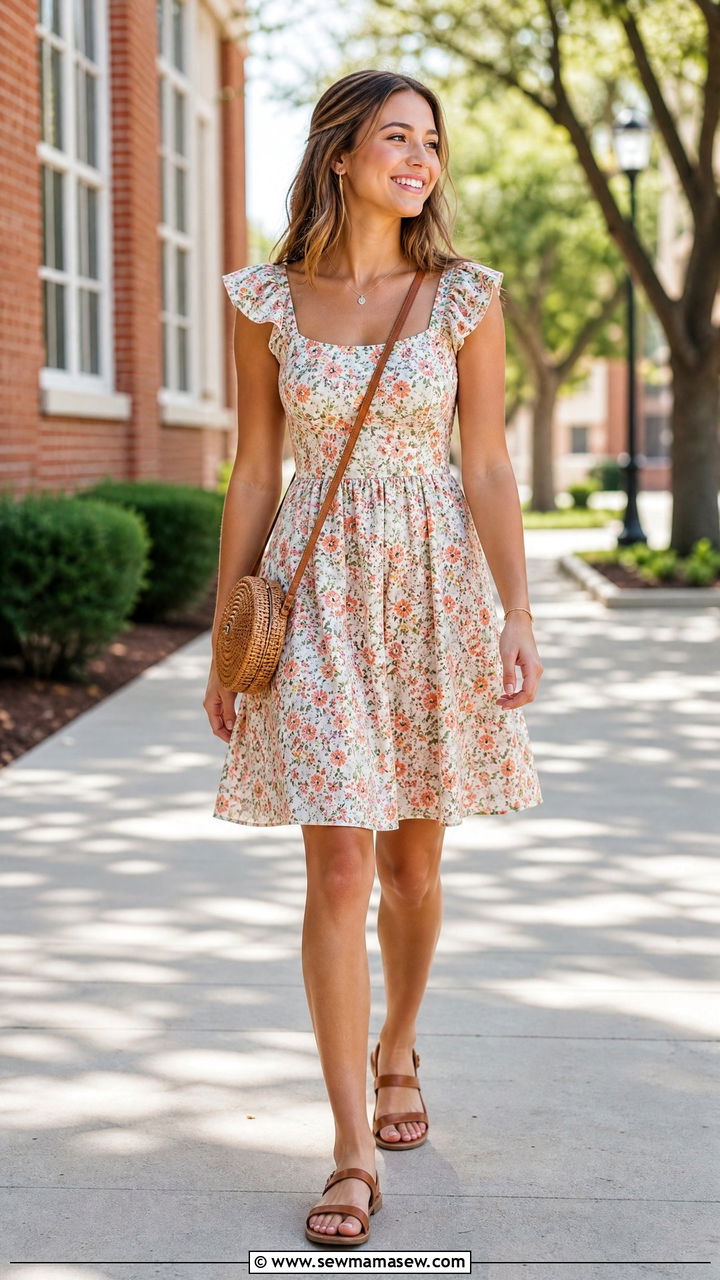 Floral Sundress with Sandals and a Crossbody Bag - 30 summer school outfit ideas