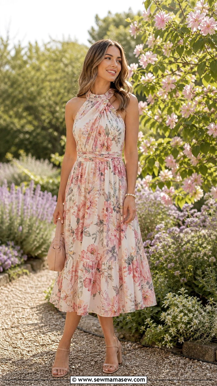 Floral Tea Length Dress Wedding Guest - 40 classy wedding guest outfit ideas