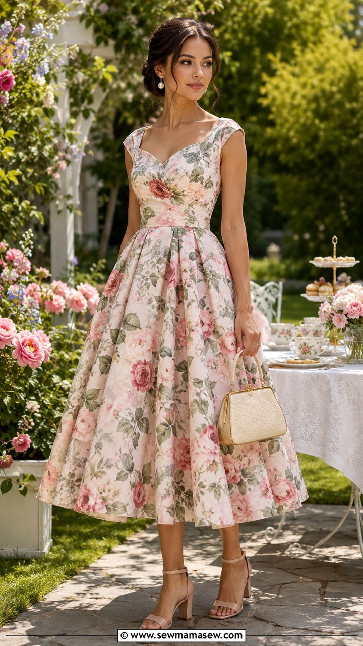 Floral Tea Length Dress With Block Heels - 30 romantic outfit ideas for women