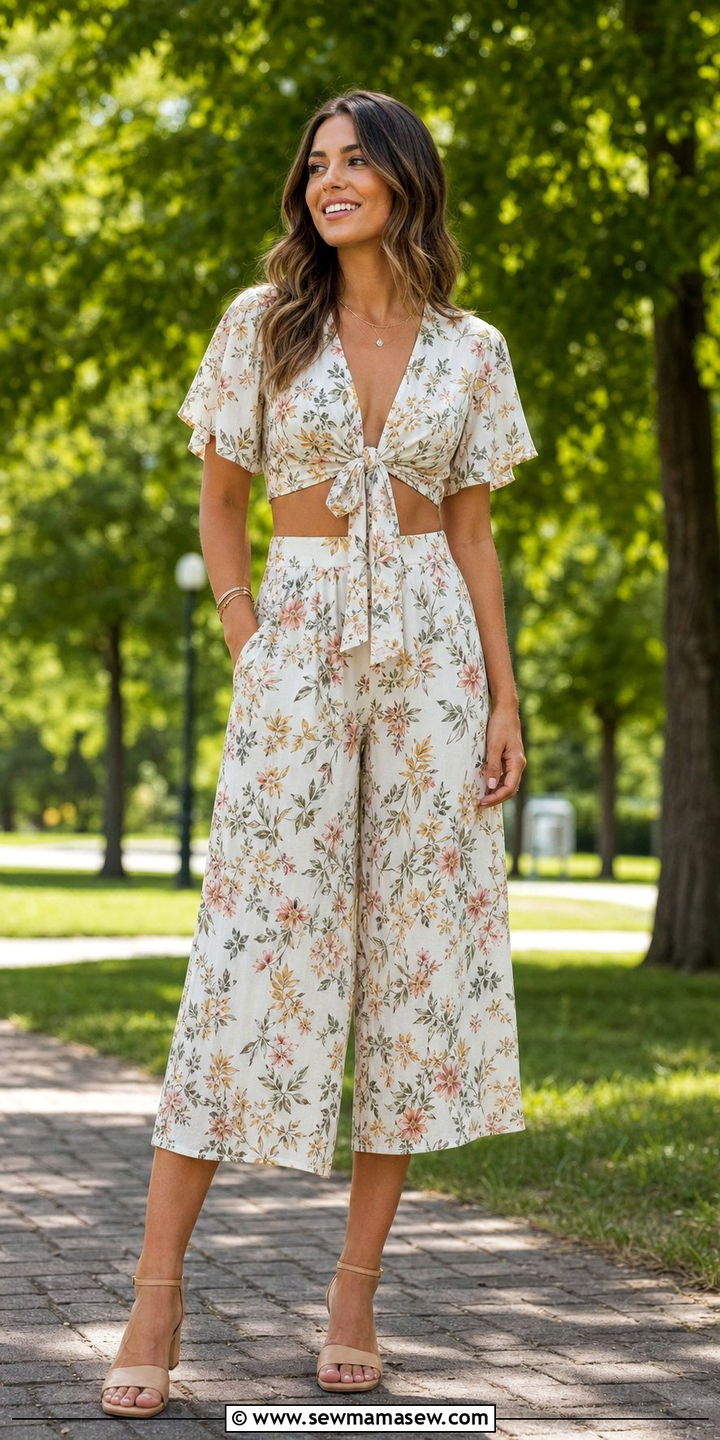 Floral Tie Front Top and Culottes Set - 25 Coord set outfit ideas floral summer