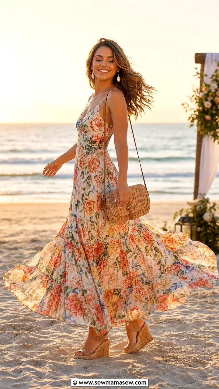 Floral Tiered Maxi Dress With Wedge Sandals For Beach Wedding - 35 Beach wedding guest outfits