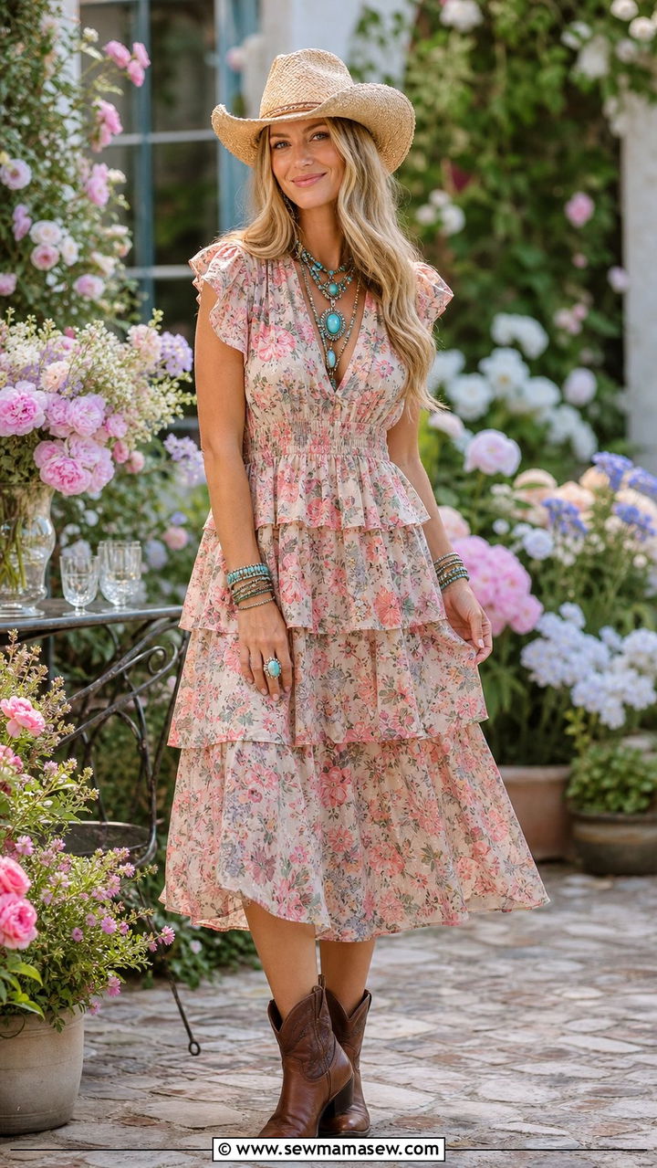 Floral Tiered Midi Dress With Straw Cowboy Hat - 25 Spring western outfits 2026
