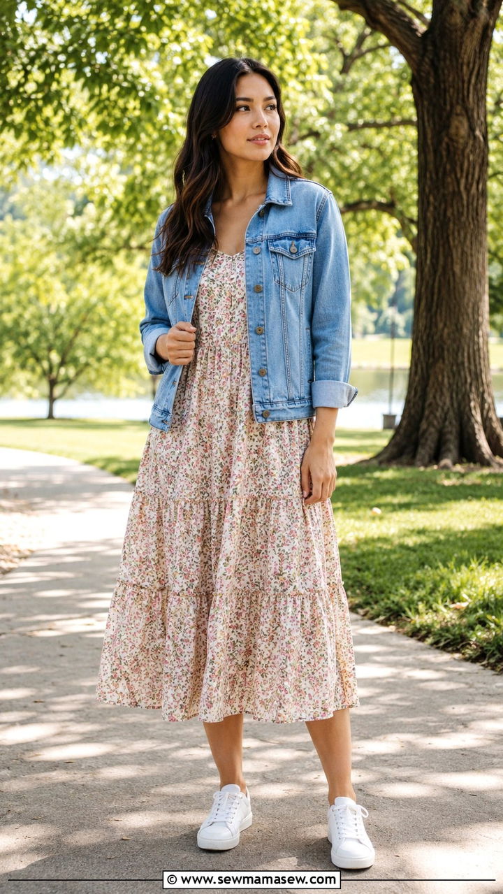 Floral Tiered Midi Dress With a Denim Jacket - 25 Modest outfit ideas for humid weather