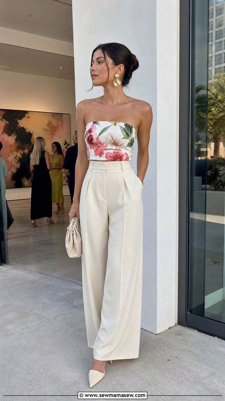 Floral Tube Top With High Waist Trousers - 35 Miami outfit ideas for women