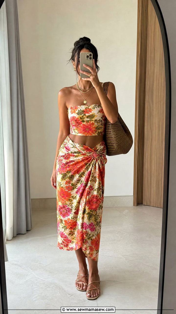 Floral Tube Top and Wrap Midi Skirt Set - 25 Matching set outfit ideas floral
