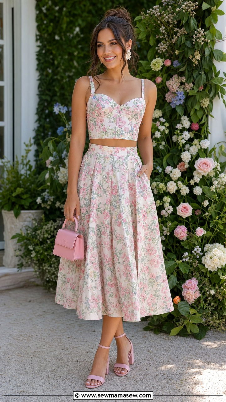 Floral Two Piece Set With Pastel Heels - 25 Early April outfit ideas