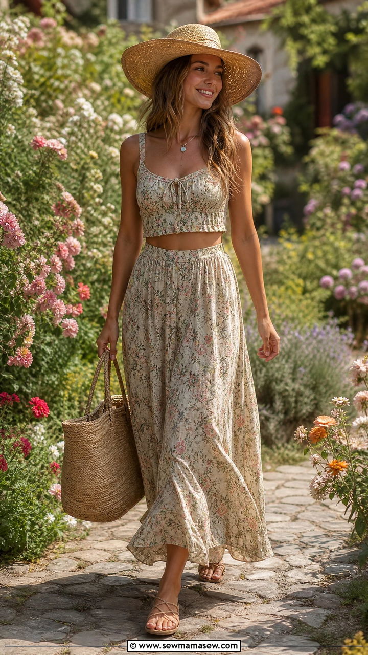 Floral Two Piece Set with Straw Tote Bag - 30 Summer cottage outfits