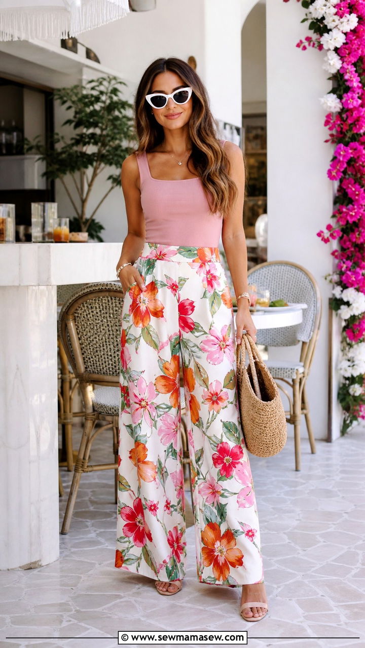 Floral Wide Leg Pants and Fitted Tank Top Outfit - 40 cute summer outfit ideas