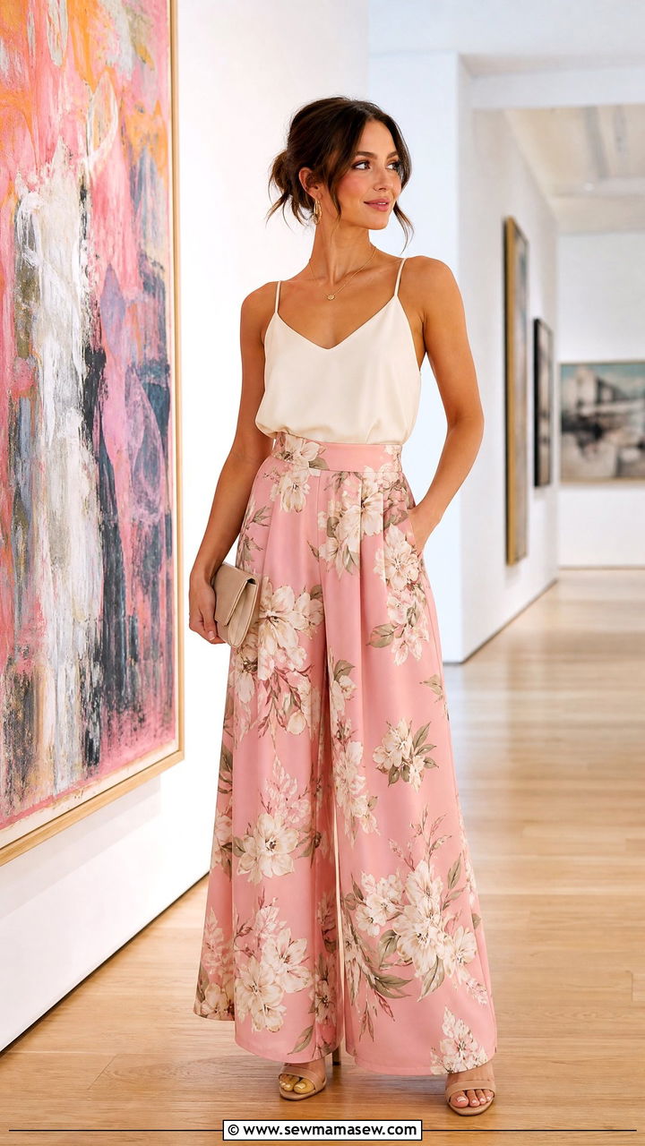 Floral Wide Leg Pants with a Solid Cami - 30 Feminine spring outfits