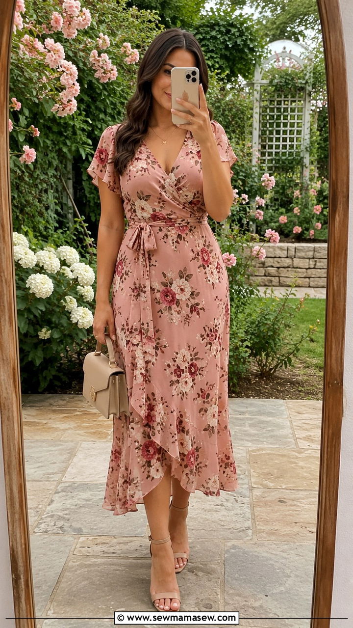 Floral Wrap Dress And Heeled Sandals Summer Outfit 2026 - 20 summer outfits 2026 women Pinterest