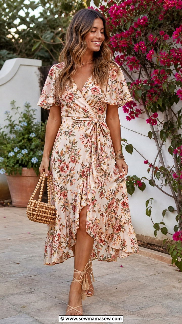Floral Wrap Dress With Ankle Tie Sandals - 40 Boho summer outfits
