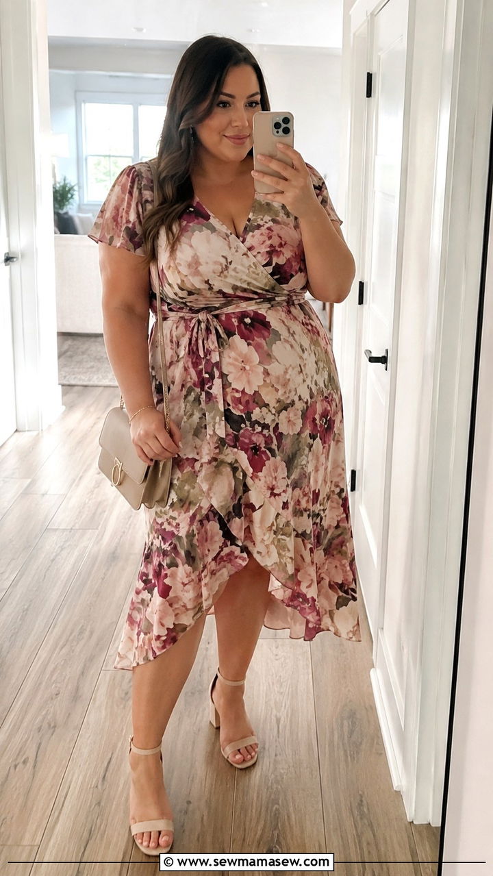 Floral Wrap Dress With Block Heels - 30 Plus size outfit ideas for wedding guest