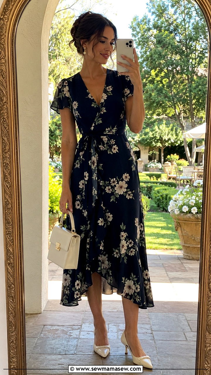 Floral Wrap Dress With Classic Kitten Heel Pumps - 25 Old money outfit ideas with kitten heels