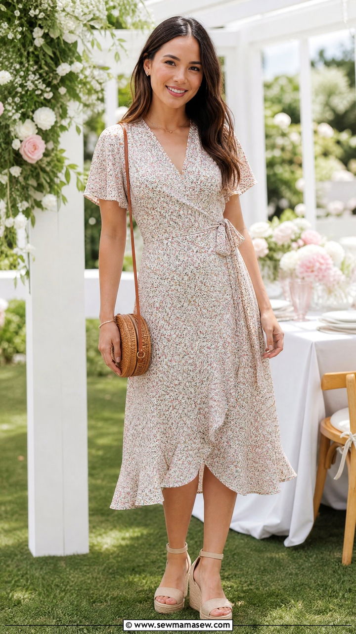 Floral Wrap Dress With Espadrille Wedges - 30 Summer capsule wardrobe for petite women