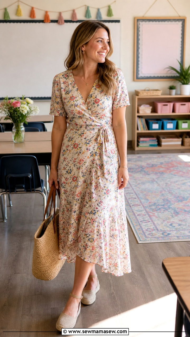 Floral Wrap Dress With Espadrilles Outfit - 40 Spring teacher outfits