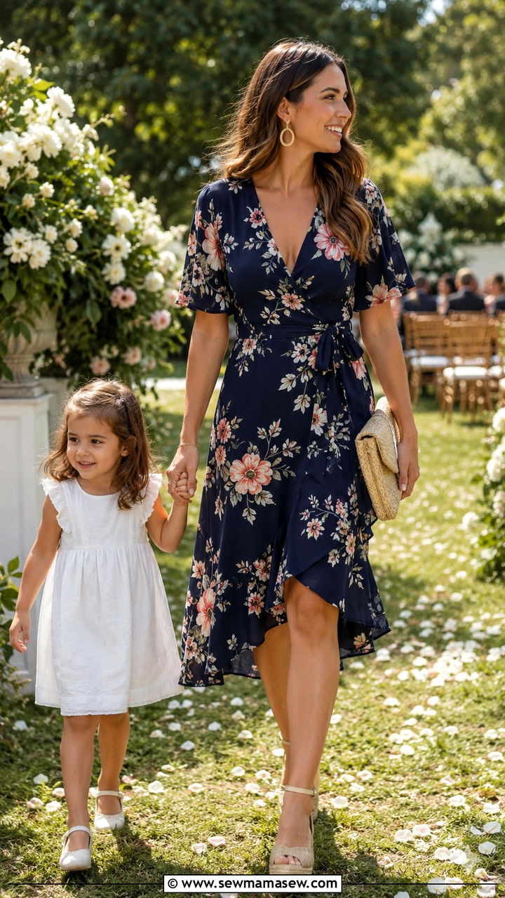 Floral Wrap Dress With Wedge Espadrilles - 25 Wedding guest outfit ideas with kids in tow