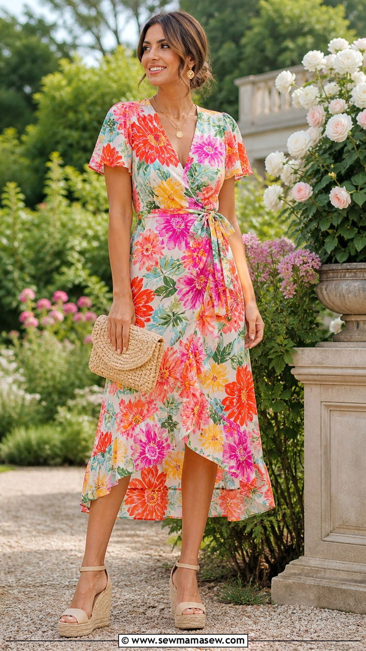 Floral Wrap Dress With Wedge Espadrilles Spring Festival Outfit - 40 Spring festival outfits