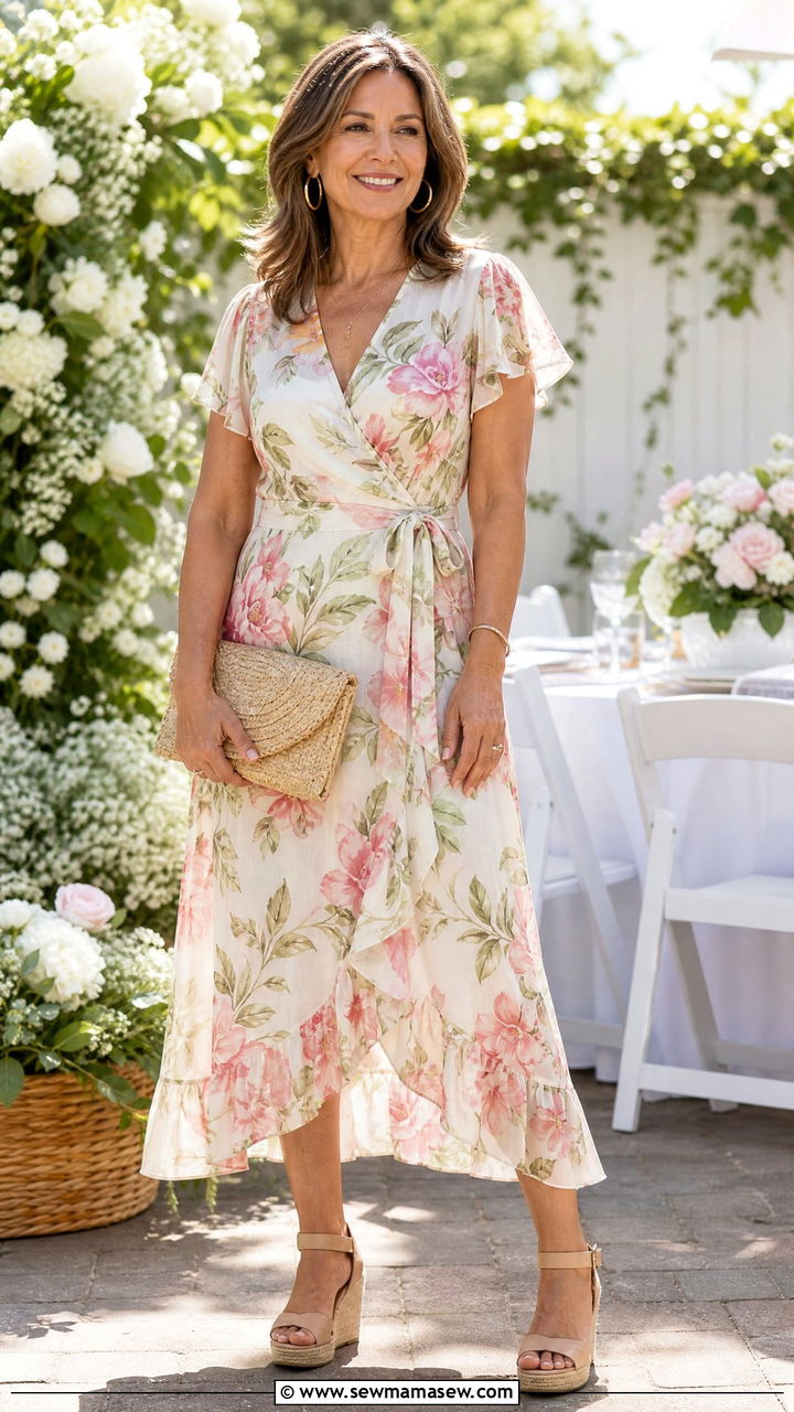 Floral Wrap Dress With Wedge Sandals - 25 baby shower outfits for women over 40