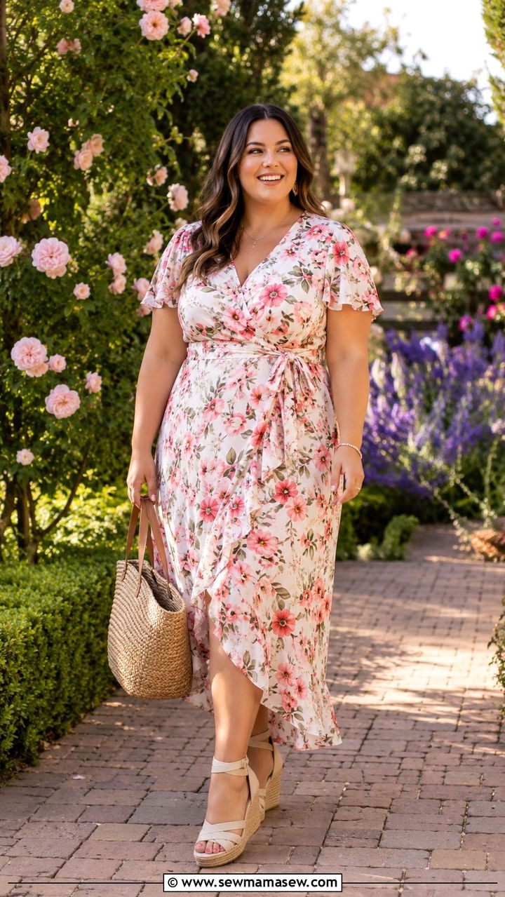 Floral Wrap Dress With Wedge Sandals - 25 Plus size outfit ideas for 18-20