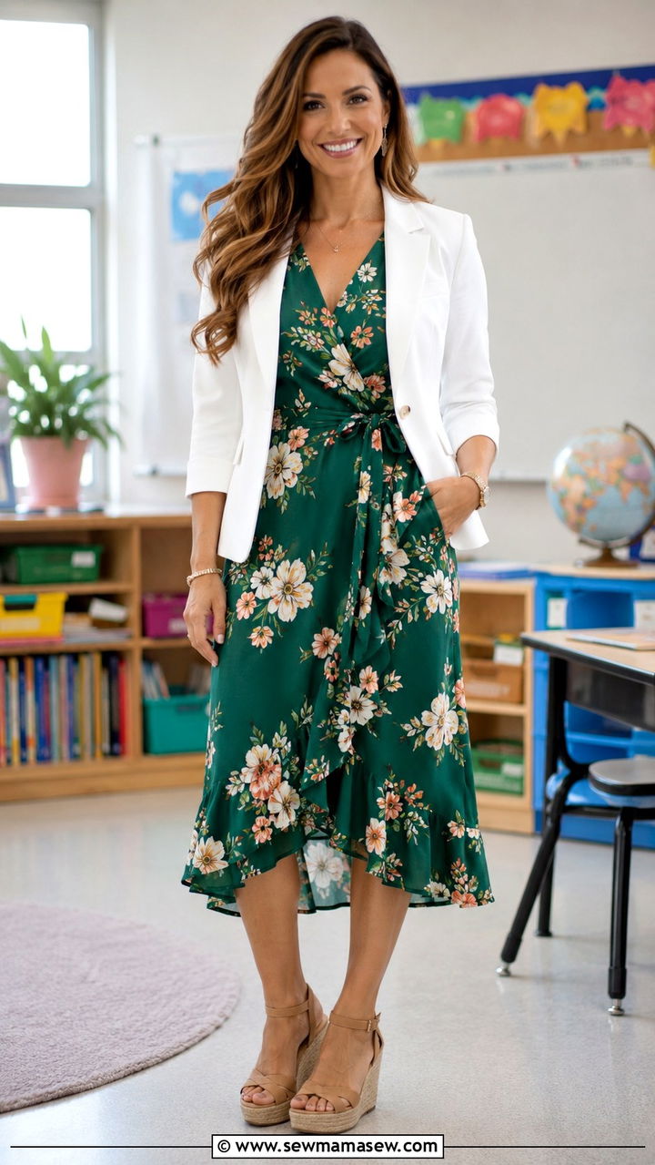 Floral Wrap Dress With White Blazer - 30 transitional teacher outfit ideas