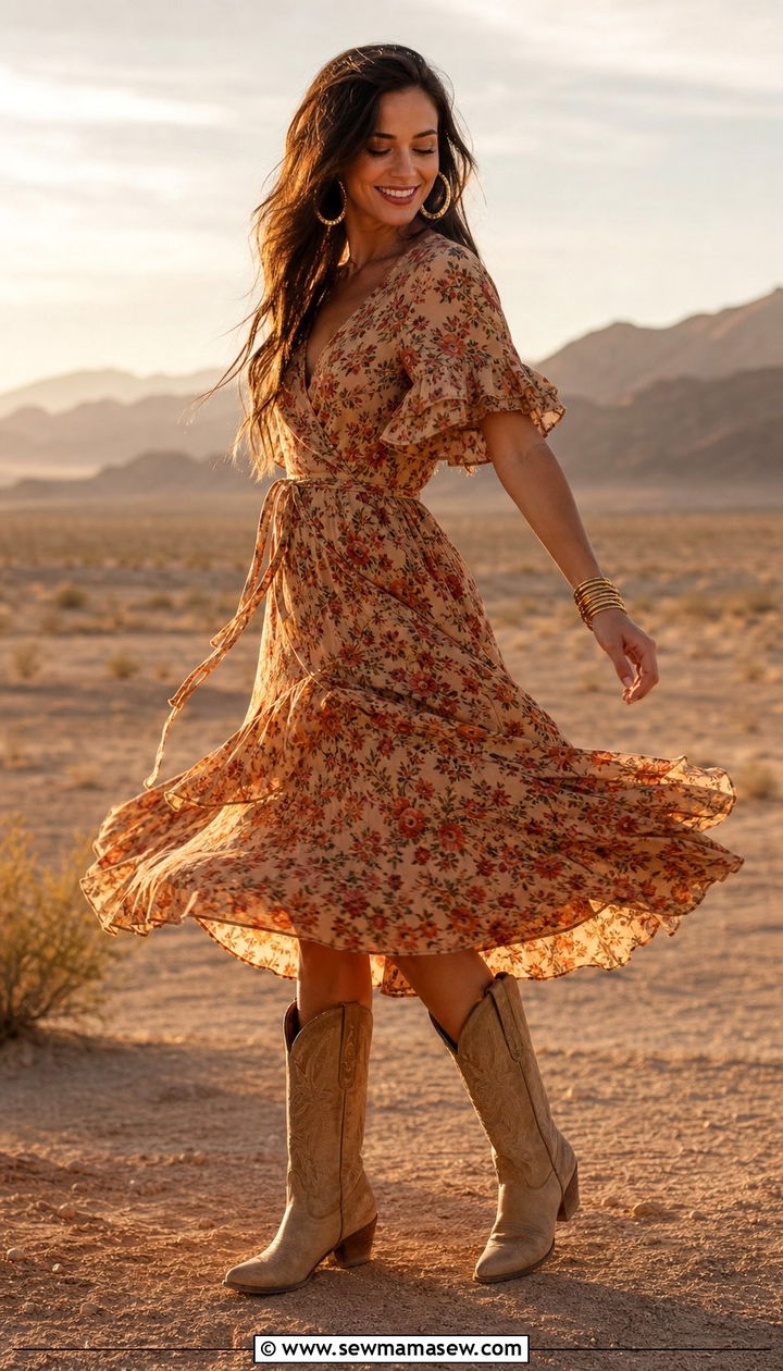 Floral Wrap Dress and Beige Western Boots - 25 Stagecoach outfit ideas 2026