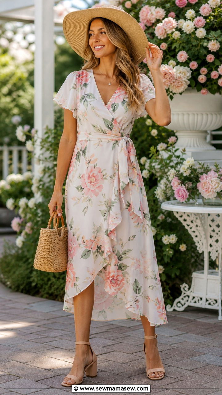 Floral Wrap Dress and Block Heels Outfit - 20 cute outfits to copy