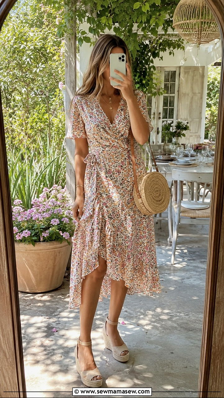 Floral Wrap Dress and Espadrille Sandals - 25 Wrap dress outfit ideas with sandals
