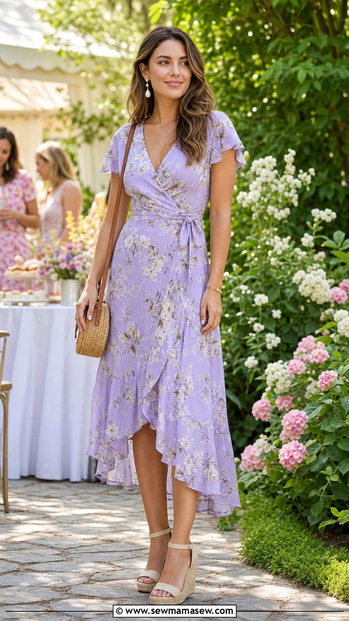 Floral Wrap Dress and Espadrille Wedges - 25 Early July outfit ideas