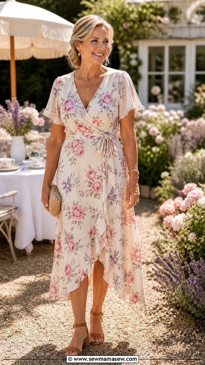Floral Wrap Dress and Tan Flat Sandals - 40 Summer outfit ideas for women over 50 2026