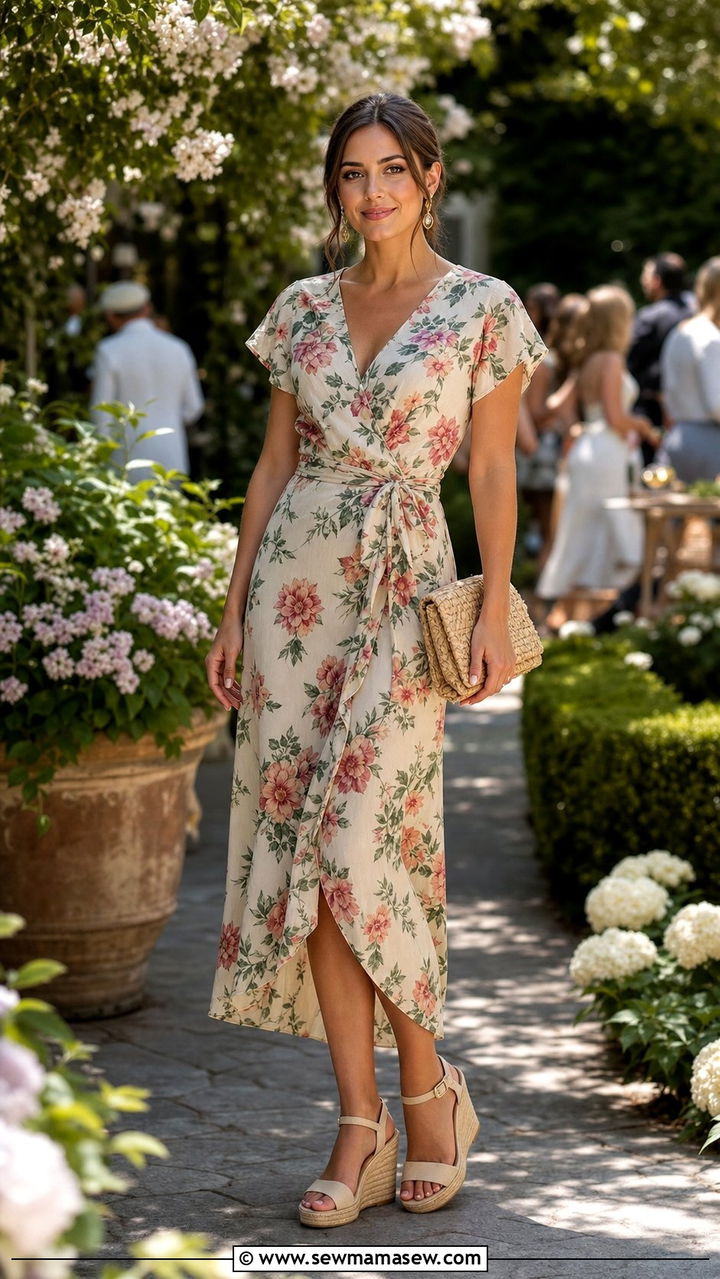 Floral Wrap Dress with Espadrille Wedges - 25 cute boho chic outfits
