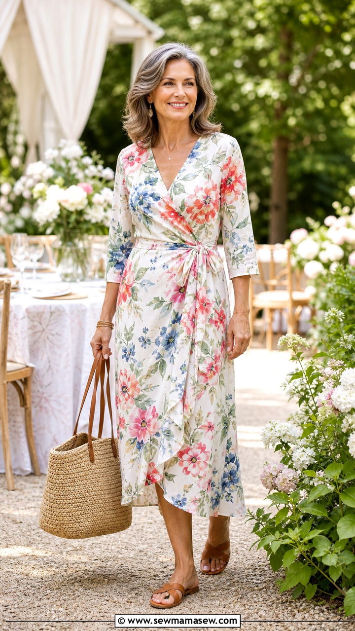 Floral Wrap Dress with Flat Sandals - 40 Outfit ideas for women over 50