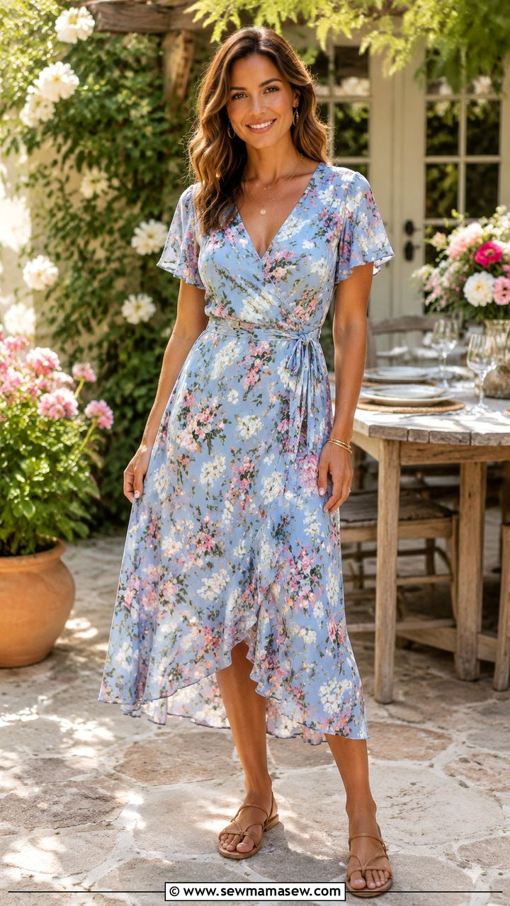Floral Wrap Dress with Flat Sandals Spring Outfit - 30 Spring outfit ideas for stay at home mom