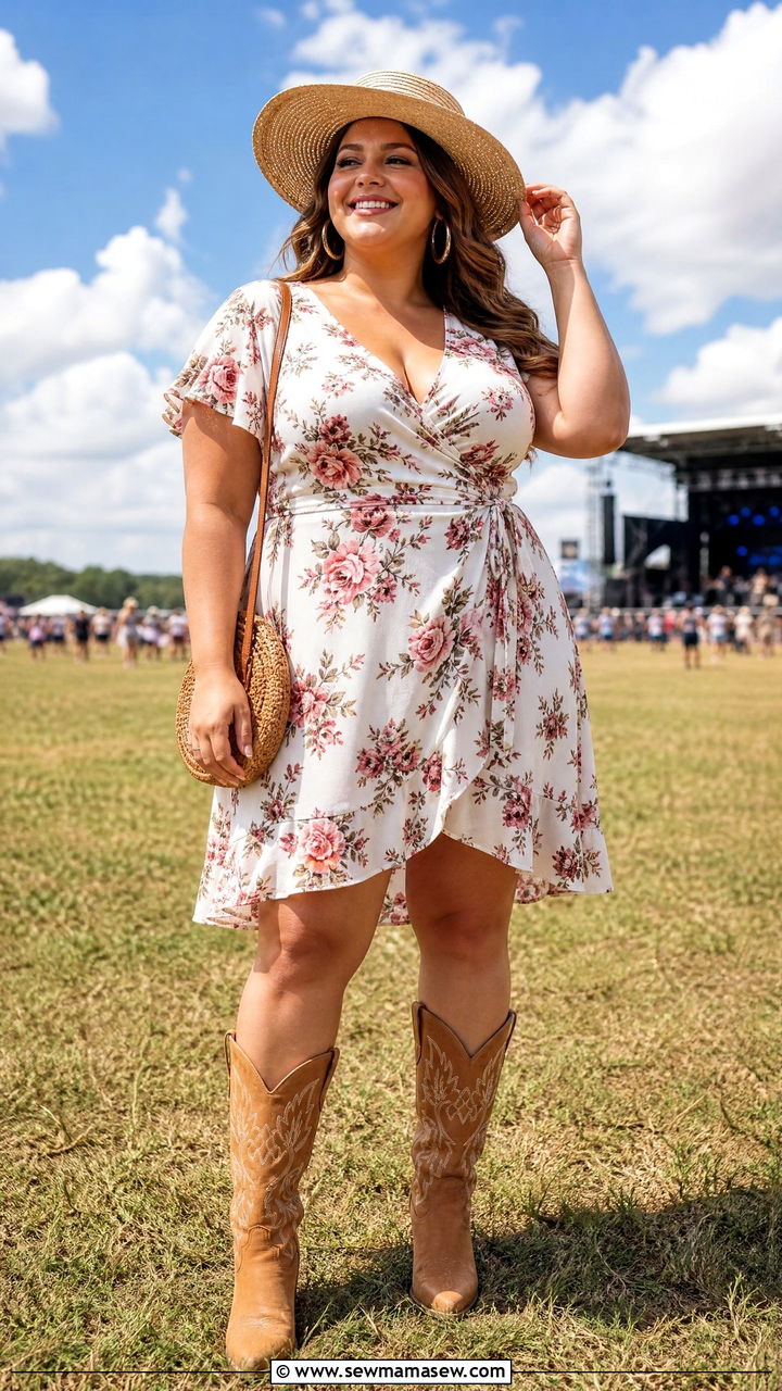 Floral Wrap Dress with Straw Hat and Cowboy Boots - 30 Country concert outfit ideas plus size