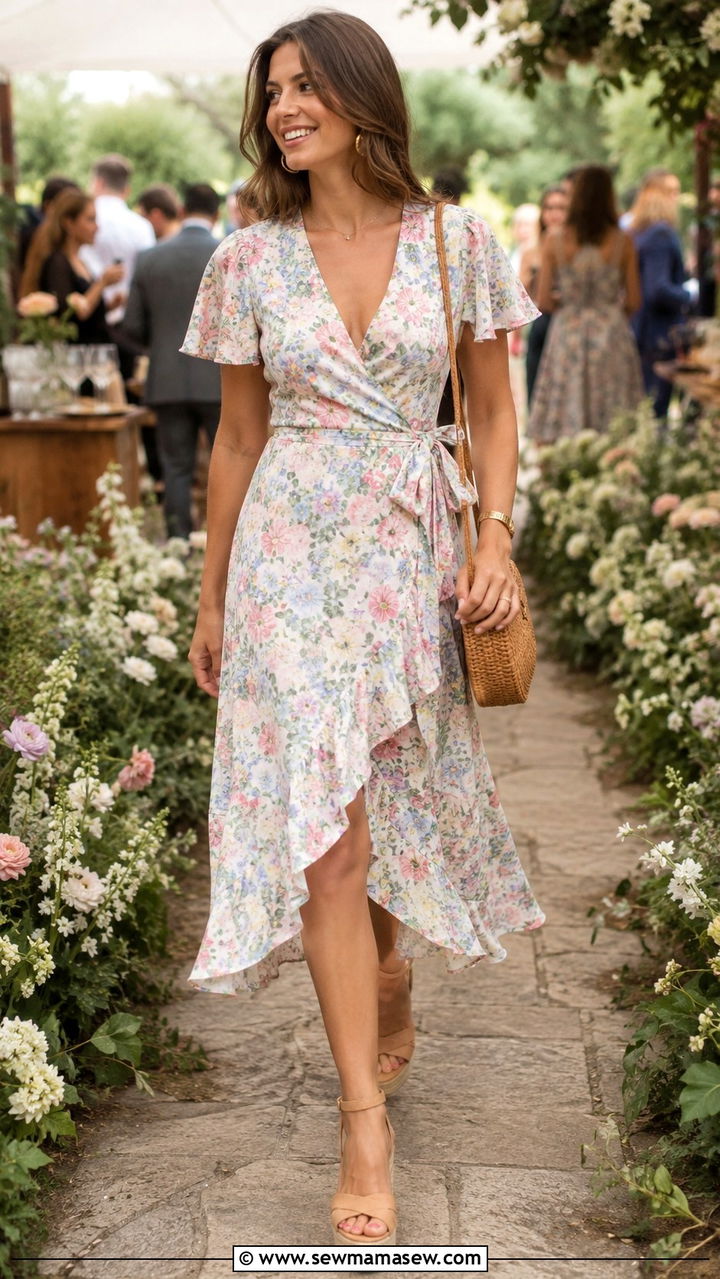Floral Wrap Dress with Wedge Sandals - 30 Graduation party outfit ideas