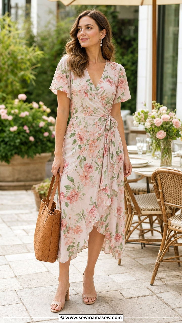 Floral Wrap Dress with Woven Bag - 25 Spring Sunday outfit ideas