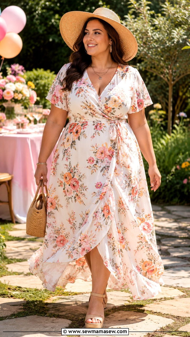 Floral Wrap Maxi Dress with Wedge Sandals - 30 Plus size birthday outfit ideas