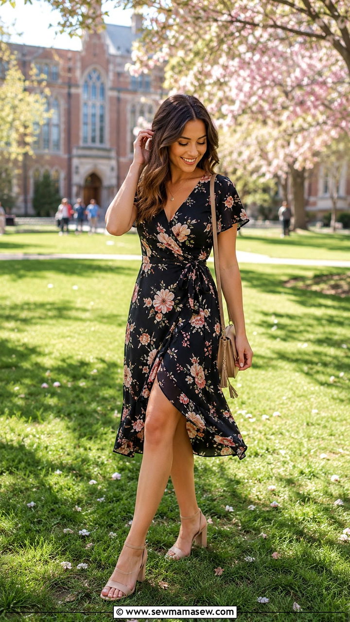 Floral Wrap Midi Dress Graduation Outfit - 30 MBA graduation outfit ideas