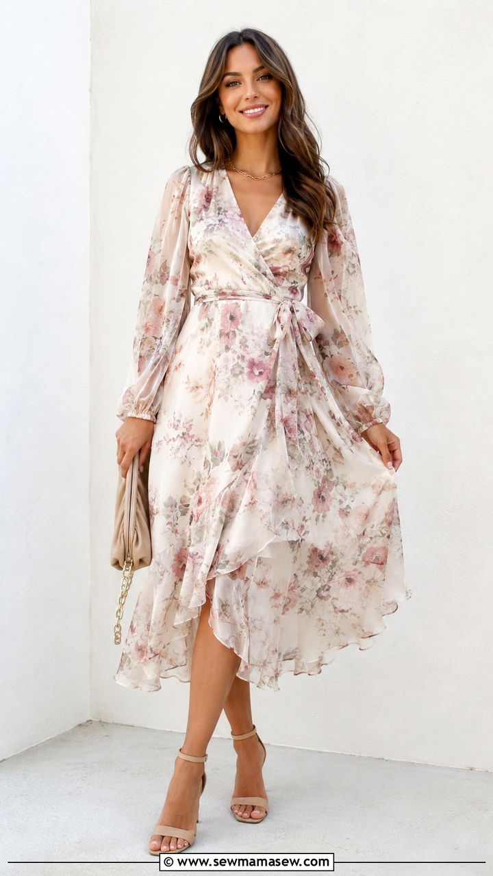 Floral Wrap Midi Dress With Delicate Jewelry - 25 boho chic outfits aesthetic