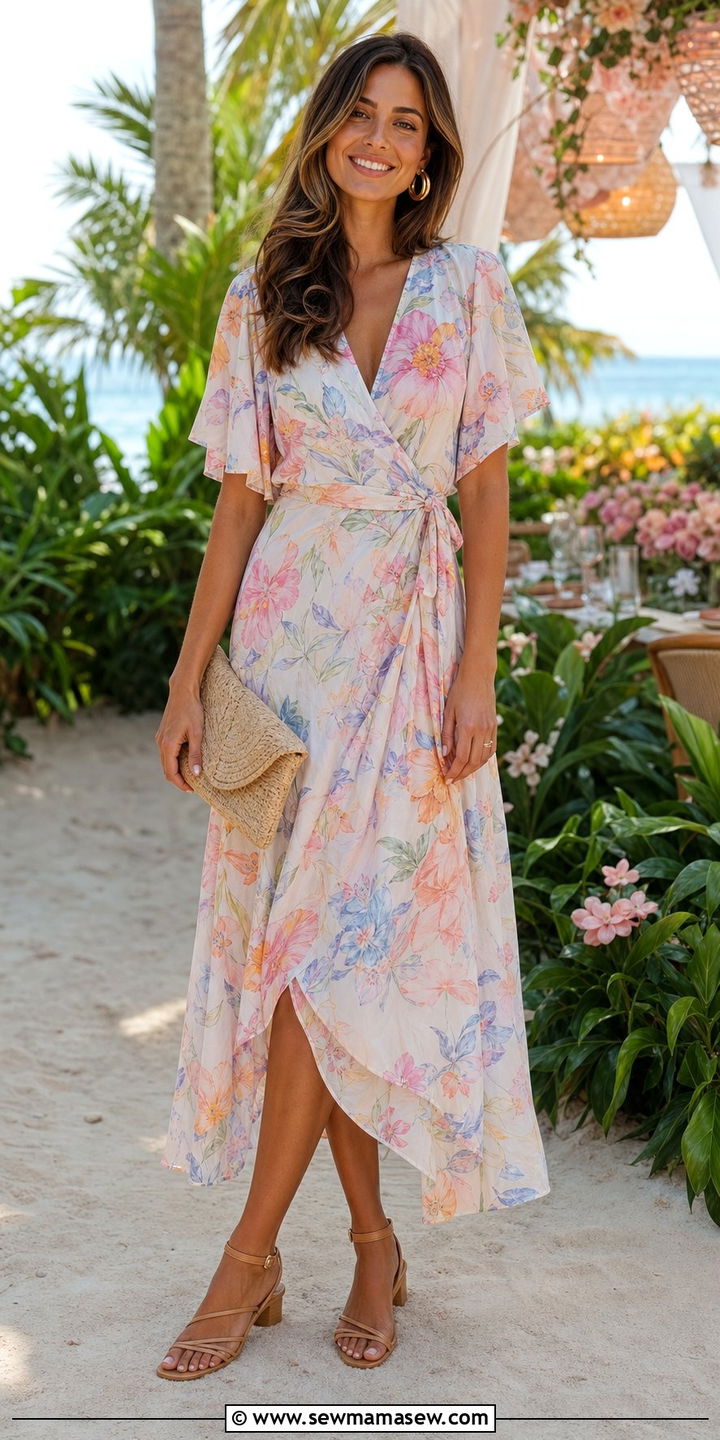 Floral Wrap Midi Dress With Low Block Heels For Beach Wedding - 35 Beach wedding guest outfits