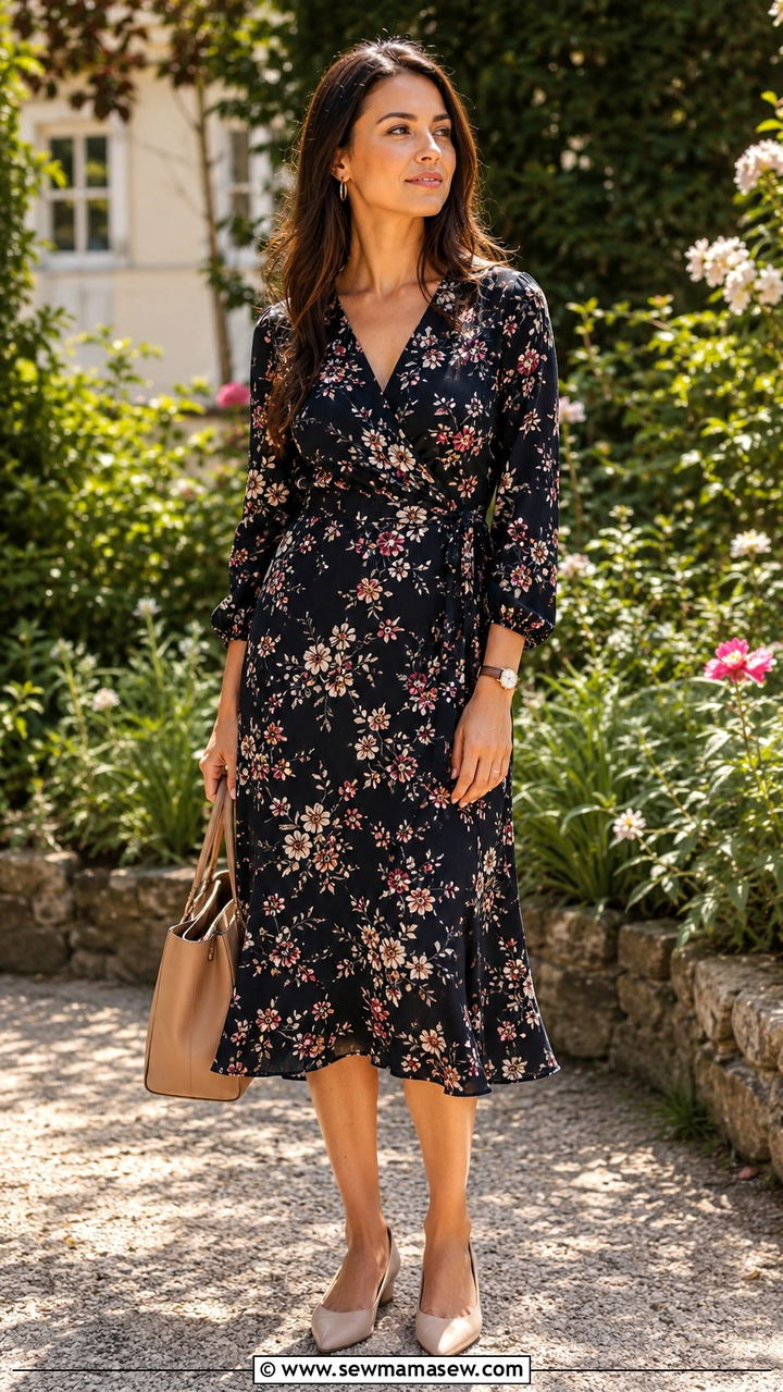 Floral Wrap Midi Dress With Pointed Toe Flats - 30 Outfit ideas for working moms