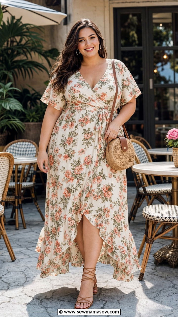 Floral Wrap Midi Dress With Strappy Sandals - 35 Brunch outfits for curvy women