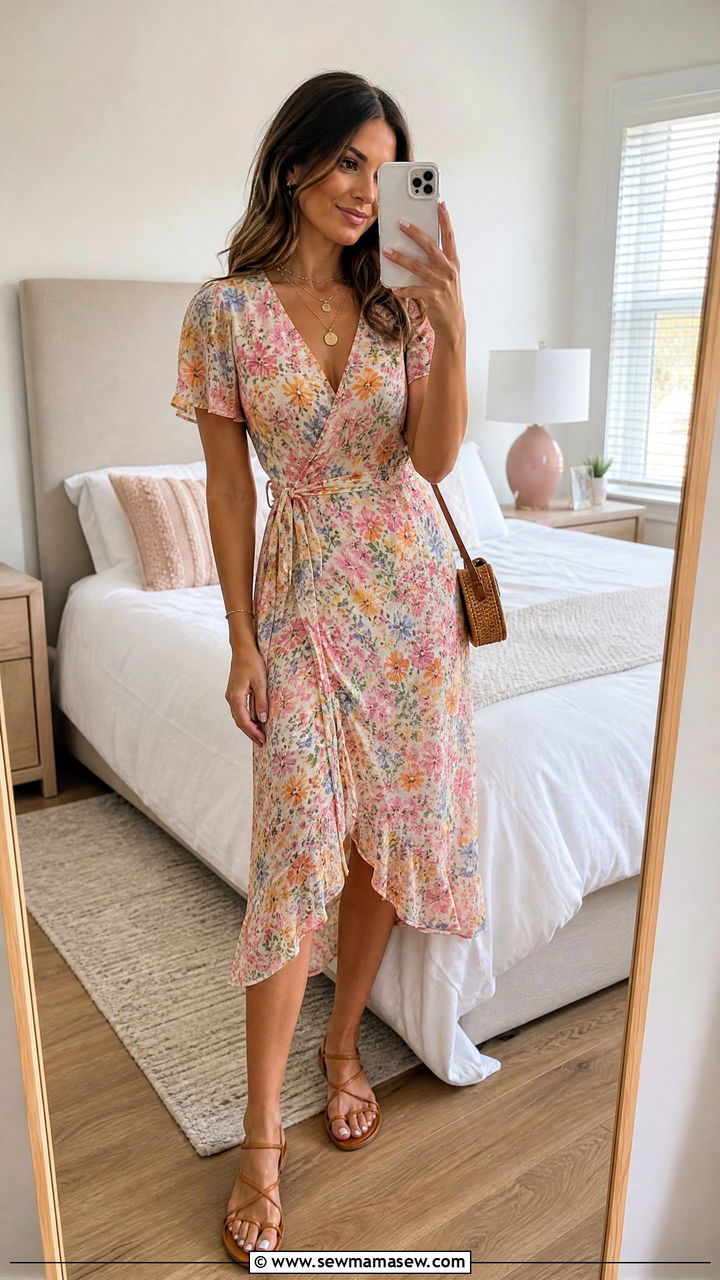 Floral Wrap Midi Dress With Strappy Sandals - 30 summer midi dress outfit ideas