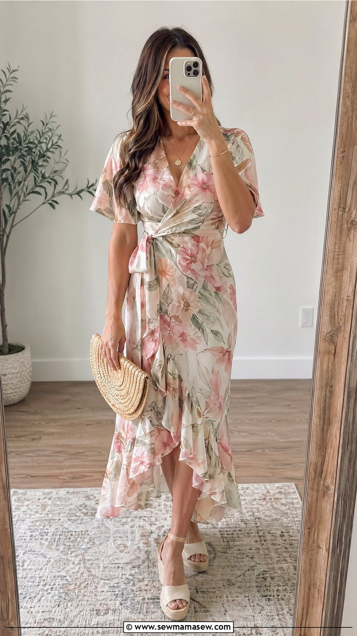 Floral Wrap Midi Dress With Wedge Heels - 35 Dressy casual wedding guest outfit ideas
