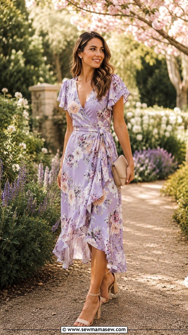 Floral Wrap Midi Dress for Garden Wedding - 25 Wedding guest outfit ideas for sister of the bride