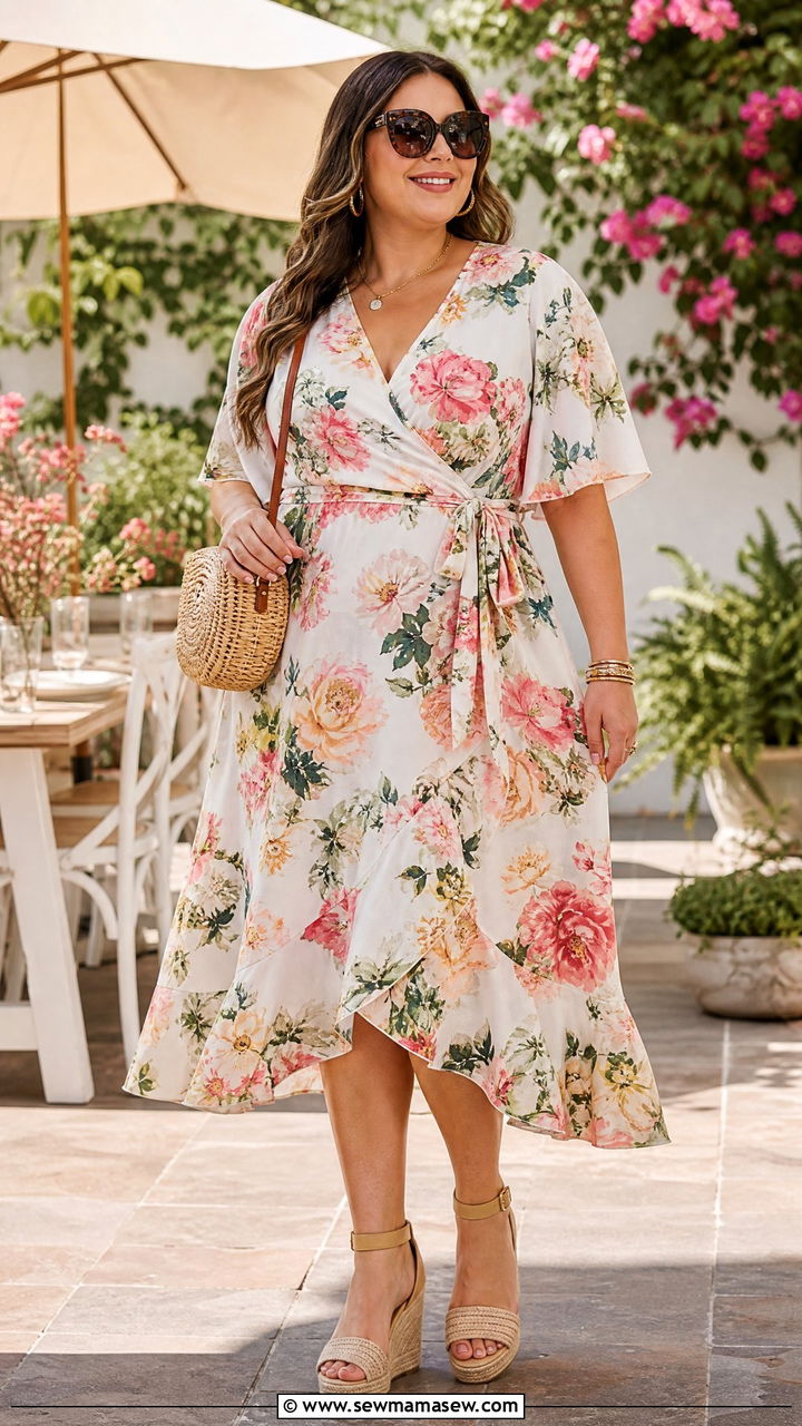 Floral Wrap Midi Dress with Espadrilles - 30 Brunch outfit ideas plus size