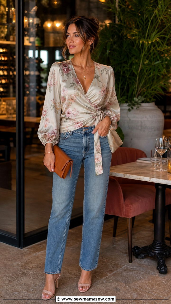 Floral Wrap Top with Straight Leg Jeans - 40 First day of spring outfits