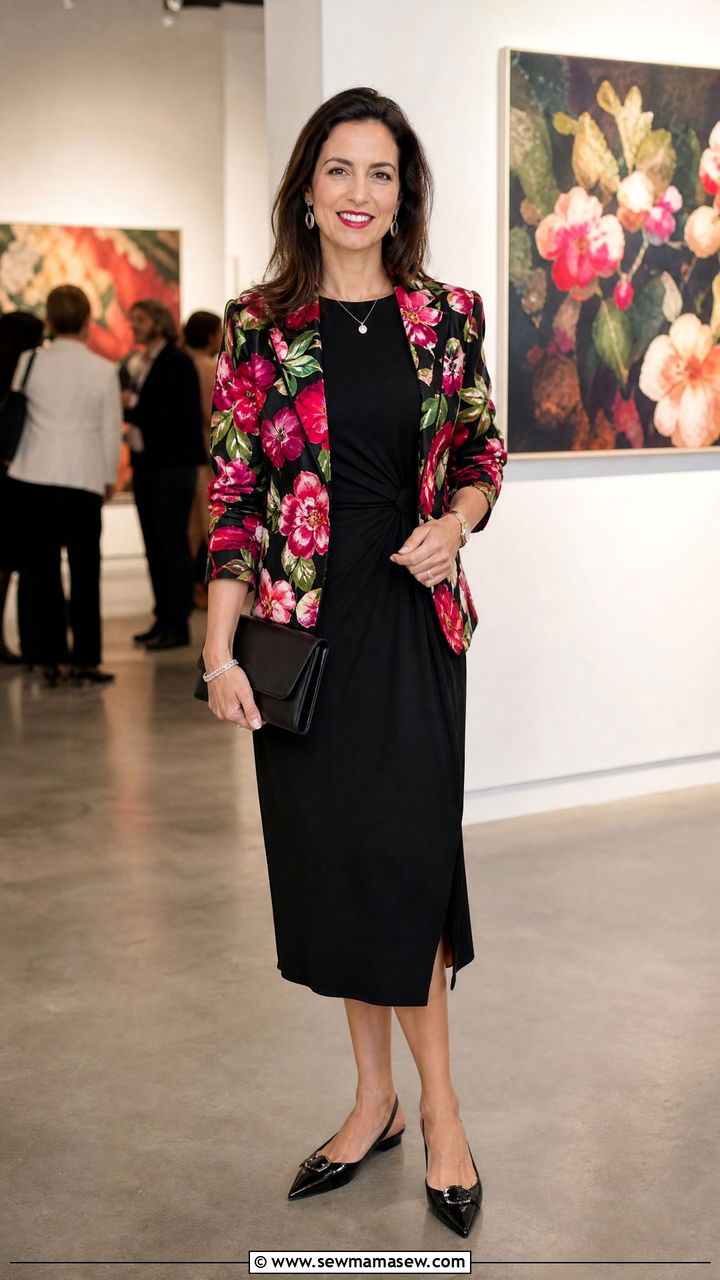 Floral blazer over a black midi dress - 30 floral outfit ideas for women