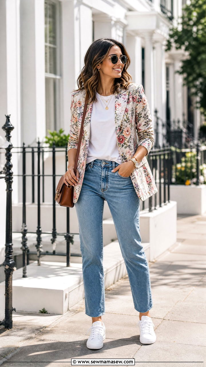 Floral blazer with a white tee and jeans - 30 floral outfit ideas for women